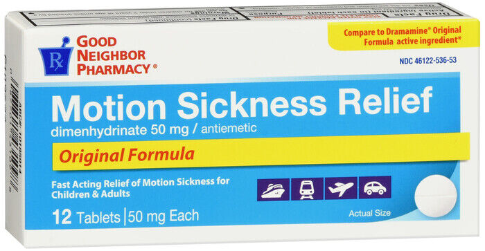 GNP MOTION SICKNESS RELIEF 50MG TAB 12CT    dimenhydrinate ORAL TABLET 50 MG