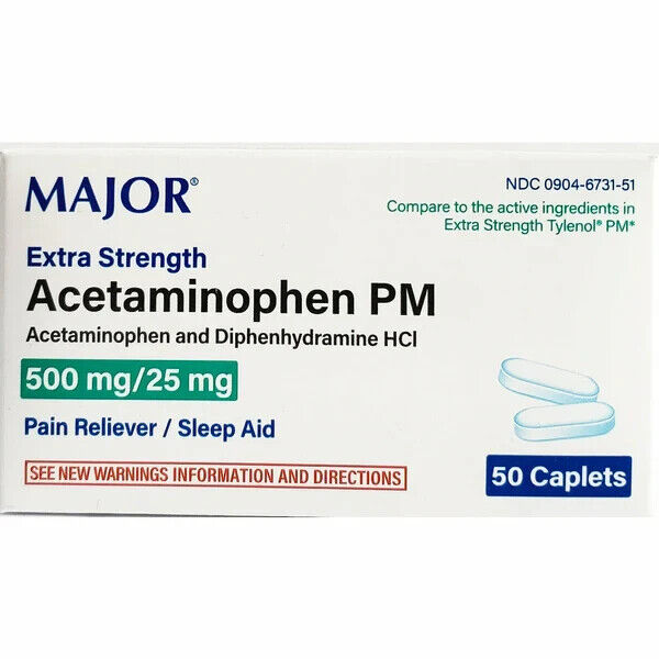 Major Acetaminophen PM Extra Strength 50ct -2 Pack (100 Tablets)