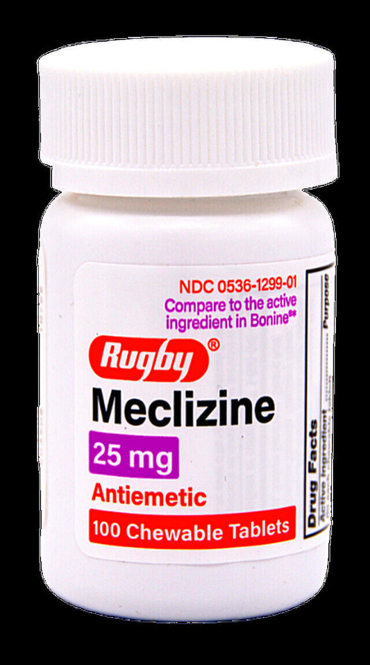 Rugby Meclizine 25mg NON-DROWSY 100ct Cherry Chews  x 3 bottles