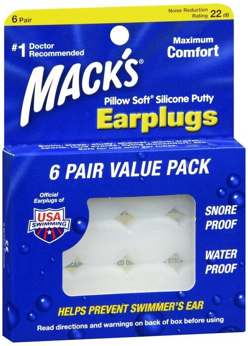 Mack's  Pillow Soft Earplugs swimmers ears swimming Value Pack 6 Pairs