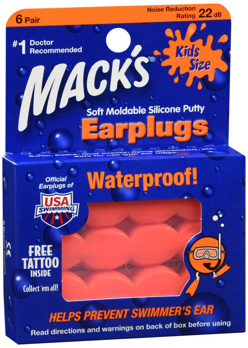 Mack's KIDS Swim Ear Plugs Waterproof Moldable Silicone 6 PR