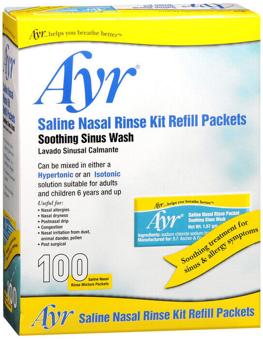 Ayr Saline Nasal Rinse Kit Refill Soothing Multi Use Wash Allergy Relief 100ct