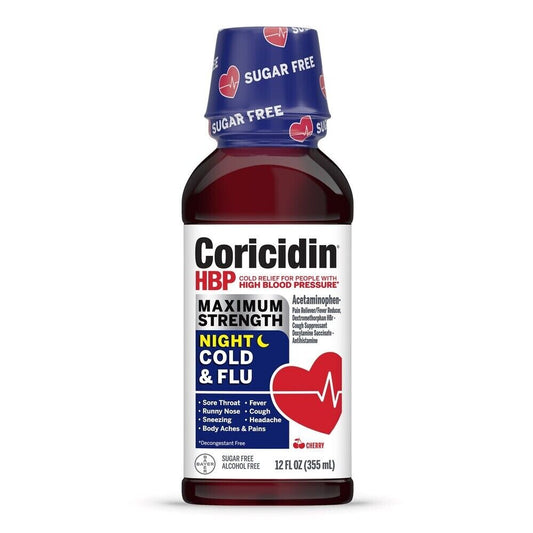 Coricidin HBP Nighttime Multi-Symptom Cold Liquid Cherry 12 oz  SUGAR FREE