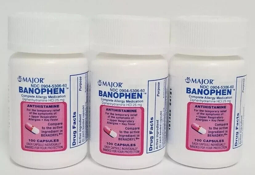 3 Pack- Banophen Allergy Generic Benadryl Diphenhydramine HCL 25mg-100 Capsules