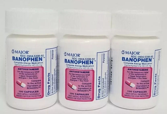 3 Pack- Banophen Allergy Generic Benadryl Diphenhydramine HCL 25mg-100 Capsules