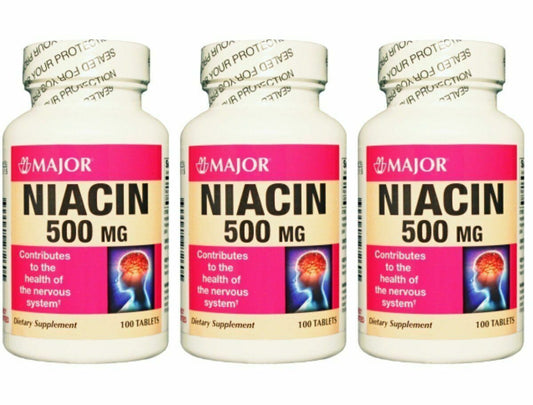 MAJOR NIACIN 500MG TABS, White, 100 TABS (Pack 3)