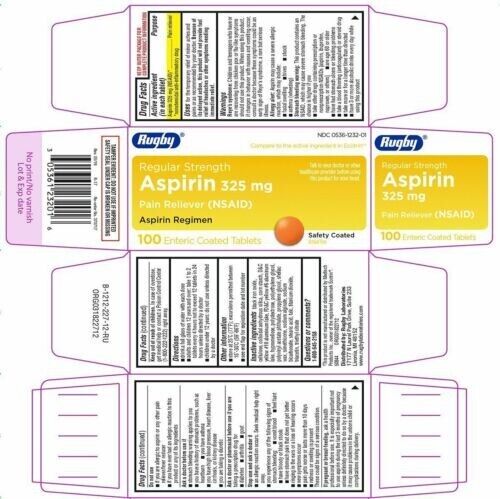 ASPIRIN 325MG ENTERIC COATED 100ct  BY RUGBY