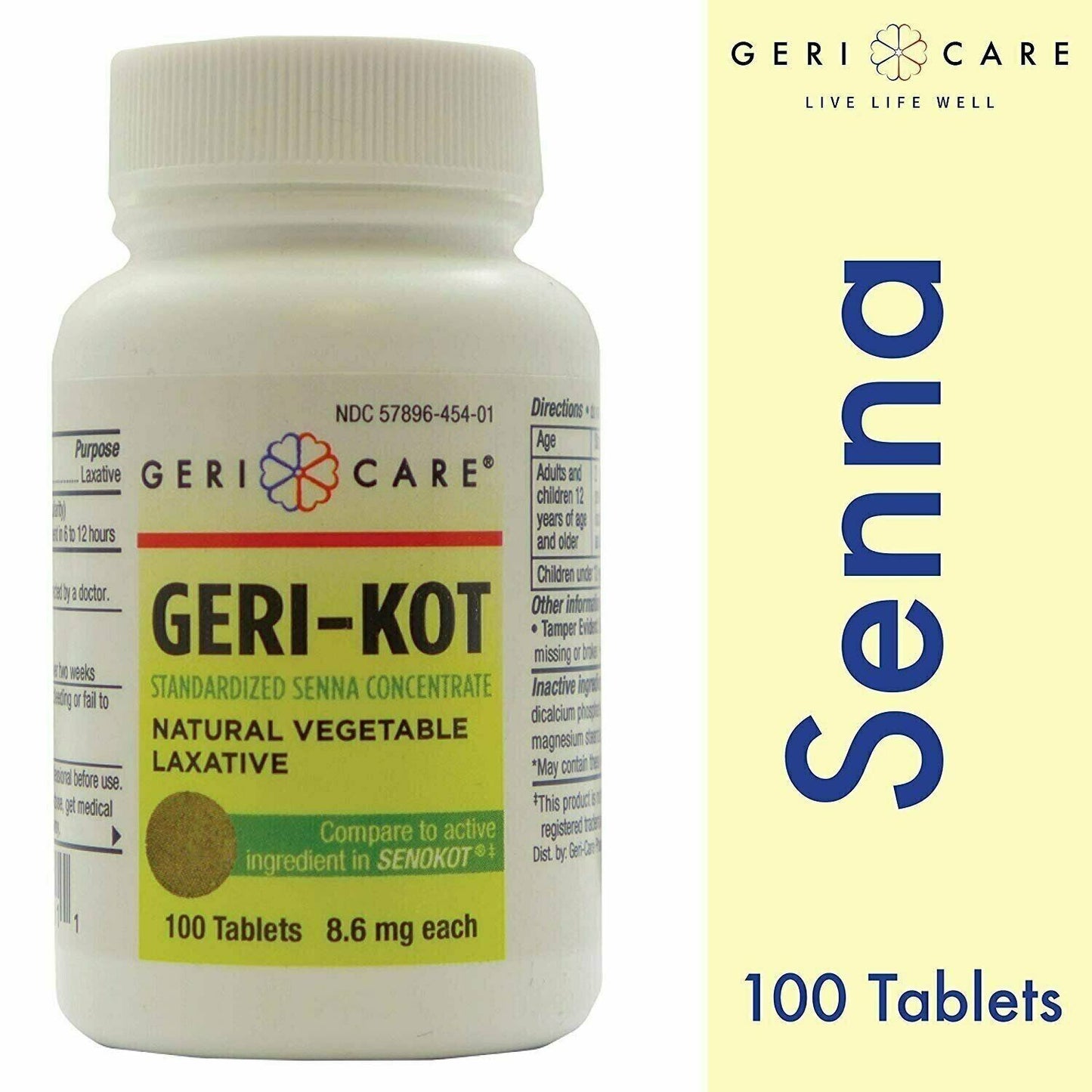 Geri-Care Geri-Kot Natural Vegetable Laxative Tablets 8.6 mg Each 100 Ct 3 Pack