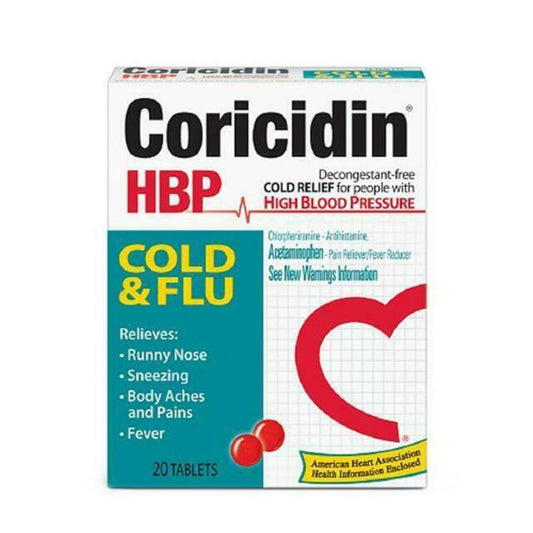 Coricidin HBP Cold & Flu Relief Heart Health Support Decongestant Free 20 ct