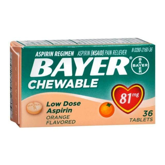 Bayer Chewable 'Baby' Aspirin 81mg Low Dose ORANGE 36 Tablets  ( 2 pack )