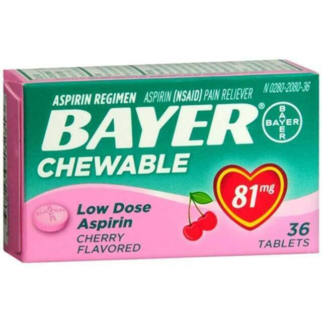 Bayer Chewable 'Baby' Aspirin 81mg Low Dose CHERRY 36 Tablets  ( 3 pack )