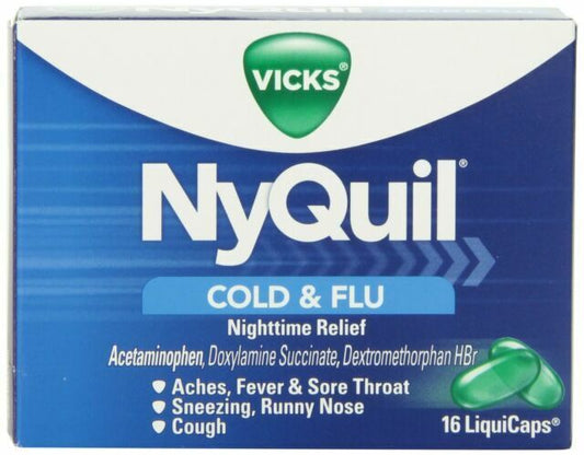 Vicks NyQuil Cold & Flu Nighttime Relief For Pain Non-Drowsy LiquiCaps 16 Count