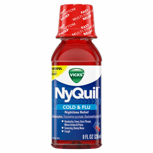 Vicks NyQuil Cold and Flu Nighttime Relief Cherry Flavor Liquid, 8 Ounce