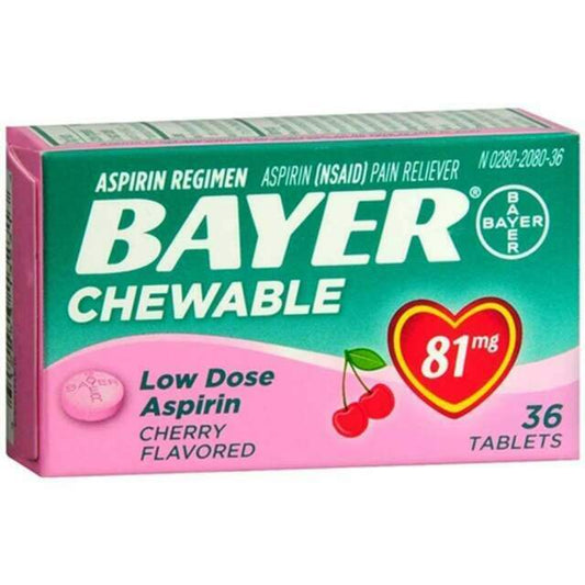 Bayer Chewable 'Baby' Aspirin 81mg Low Dose CHERRY 36 Tablets  ( 6 pack )